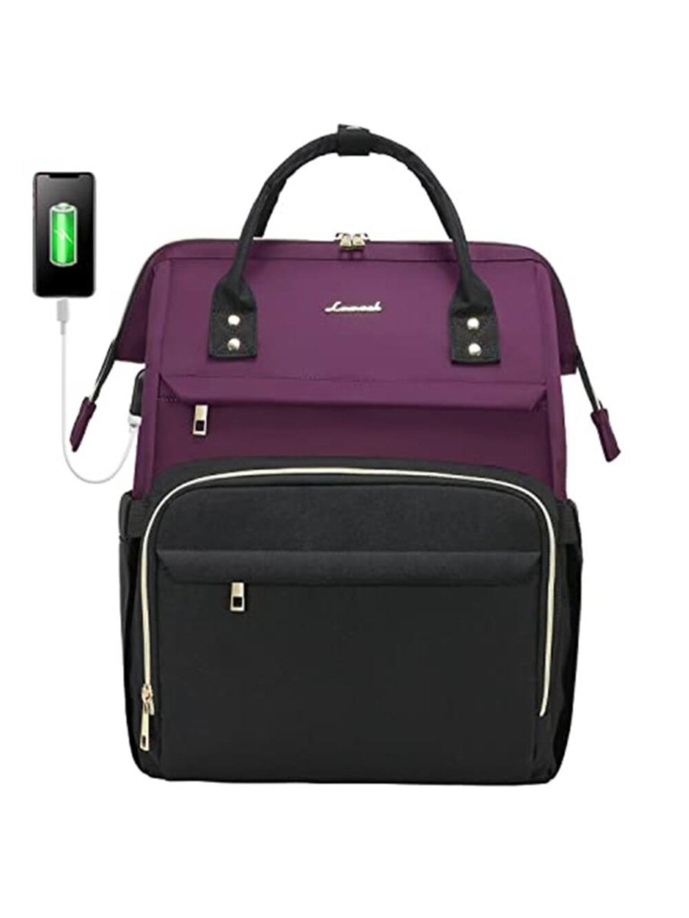 18 Inch Large Laptop Backpack Women Travel Work USB Port Dark Purple Black Bag